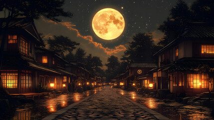 Night Street Scene Illustration: Moonlit Cobblestone Path