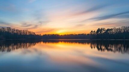 Obraz premium Sunset over calm lake with tree reflection