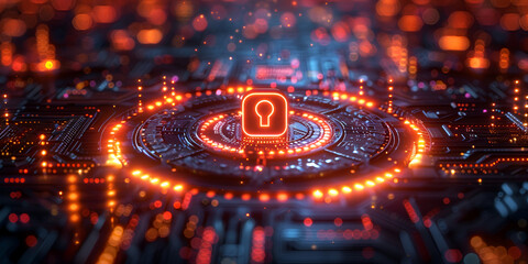 Cybersecurity concept with glowing lock symbol on circuit board, Digital protection visualized with futuristic design

