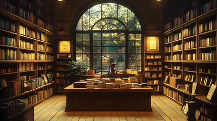 Sunlit Bookstore Illustration: A Tranquil Reading Room