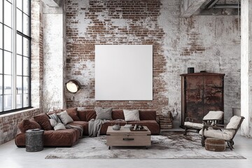 Cozy industrial living room with rustic decor and large windows.