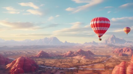 A whimsical hot air balloon ride over a landscape of candy cane fields and gumdrop mountains, capturing the magic of Christmas from high above