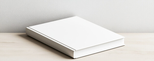 Blank book cover on a wooden surface for customizable design and creative projects.