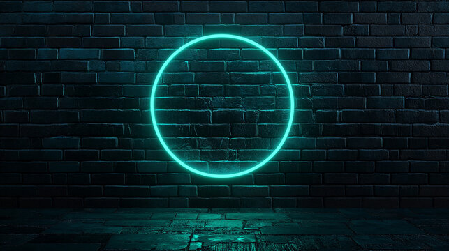 green neon light circle on a dark brick wall background
