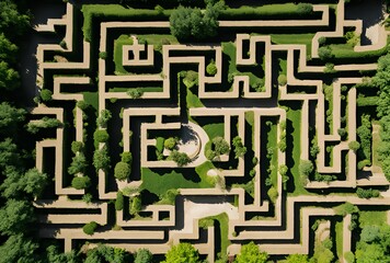 aerial view of a lush green maze with intricate pathways