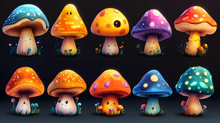 Cute Cartoon Mushroom Illustration Set