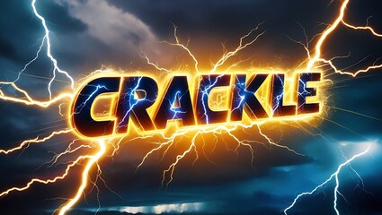 3D rendered word "CRACKLE" with dramatic lightning strikes and dark stormy clouds.