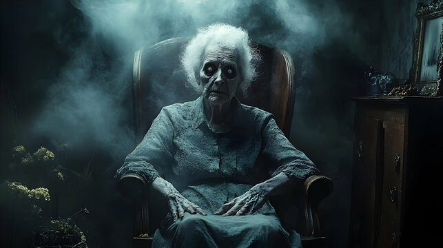 Eerie Granny in a Smoky Room - Dark Fantasy Illustration