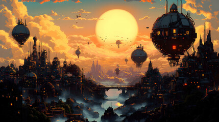 Sunset Pixel Art Cityscape with Airships