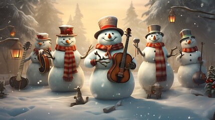 A whimsical snowman orchestra playing festive tunes, filling the winter air with the joyous sounds of Christmas merriment.
