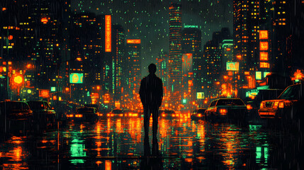 Rainy Night Cityscape Illustration