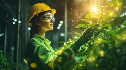 A sustainable worker building green solutions, with a vibrant green background symbolizing progress