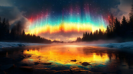Magical Aurora Borealis Winter Landscape Illustration