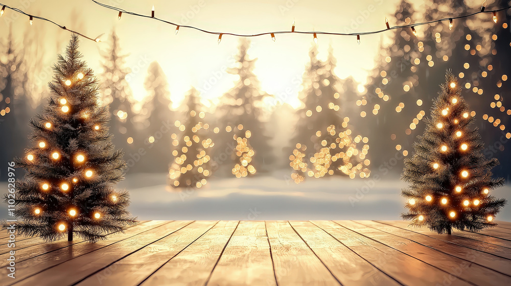 Poster twinkling lights adorn evergreen trees in a snowy setting as the sun sets, creating a magical holida