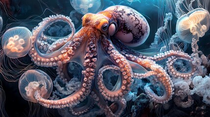 Obraz premium Vibrant Octopus Swimming Gracefully Among Luminescent Jellyfish in a Deep Ocean Environment, Showcasing Colorful Textures and Intricate Patterns in a Magical Underwater Scene