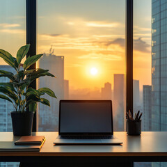 an office with a desk on which a laptop is placed out of the window, generative AI
