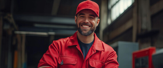 Mechanic, smiling, wearing red uniform, and cap