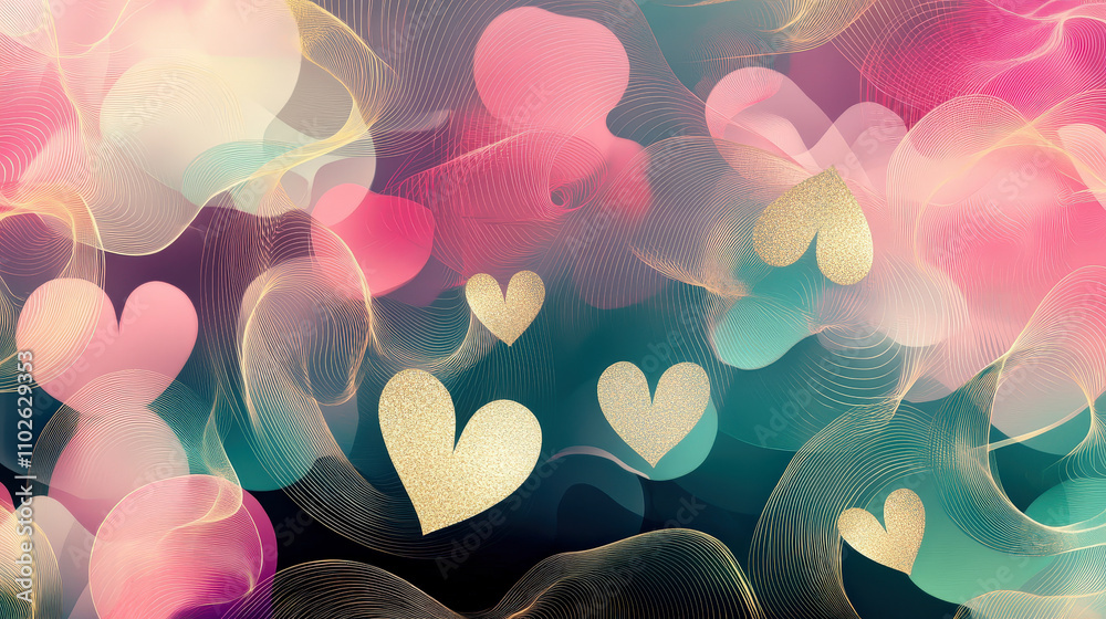 Poster soft swirls of color and golden hearts create a whimsical and festive atmosphere, fitting for events