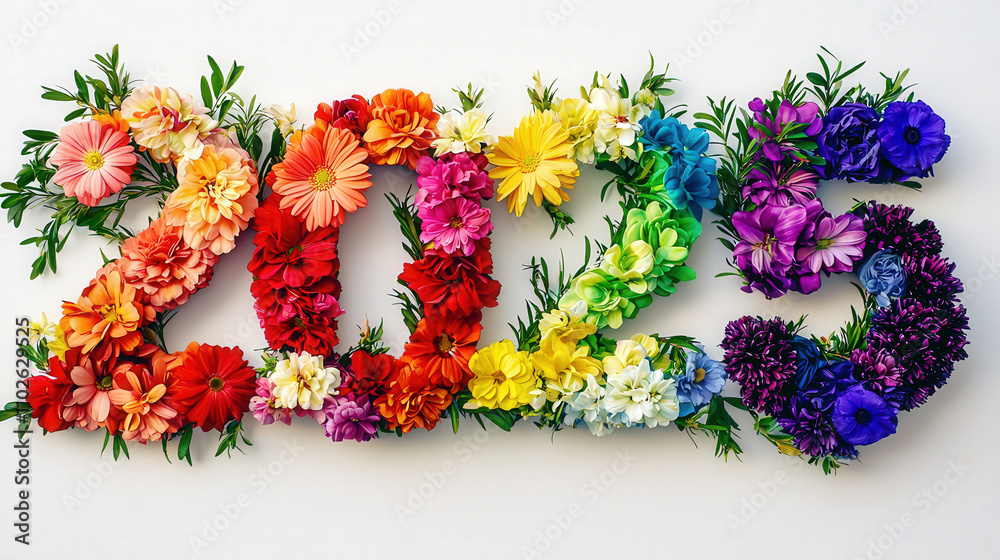 Poster brightly colored flowers form the digits for 2025, showcasing a vibrant display perfect for spring f