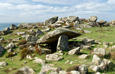 Coetan Arthur prehistoric megalithic Neolithic burial chamber dolmen on St. Davids Head, Pembrokeshire, Wales. View west to St. Georges Channel