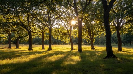 Naklejka premium Sunset in the forest. Golden hour light through trees.