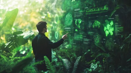 A tech leader pitching futuristic solutions, set on a vibrant green environment for inspiration