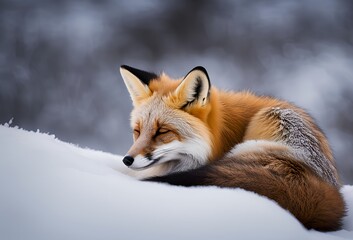 Obraz premium fox curled up in snow for warmth during winter