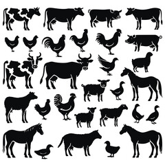 Set of black silhouettes different farm animals, cows, horses, chickens, roosters, pigs, sheep, ducks and geese on white background. Vector isolated collection. Black and white design.