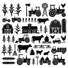 Farm theme set of black silhouettes on white background. Vector collection of barns, tractors, cows, chickens, corn plants, farming tools, rakes, axes,  windmill, silos, symbols. Isolated design. © Elmar