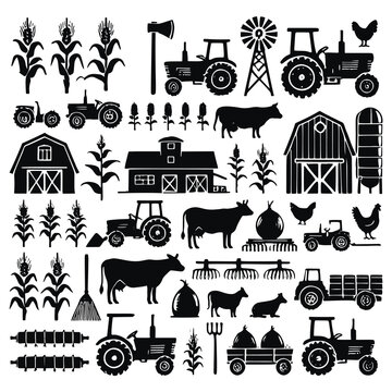 Farm theme set of black silhouettes on white background. Vector collection of barns, tractors, cows, chickens, corn plants, farming tools, rakes, axes,  windmill, silos, symbols. Isolated design.