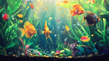 Vibrant Underwater Scene Featuring Colorful Tropical Fish Swimming Amongst Lush Green Aquatic Plants and Bright Coral in a Beautiful Aquarium Environment