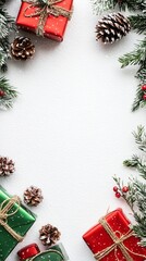 Festive Christmas Border with Presents, Pine Cones, and Greenery