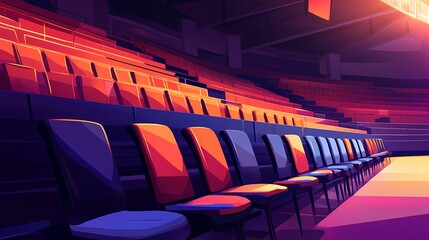Vibrant Abstract Illustration of Empty Stadium Seating with Colorful Chairs Highlighted by Dramatic Lighting in an Artistic Sports Setting