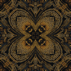 Halftone squares modern pixel art floral mosaic seamless pattern. Vector embroidery style dotted half tone ornament. Colorful dark abstract textured tapestry background. Endless ornate grunge texture.