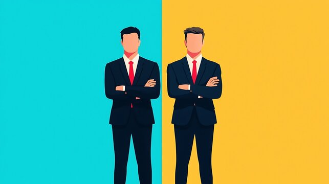 A business rivalry icon featuring two businessmen standing back to back, each holding different strategies. The design emphasizes competition with subtle details and bold contrasts. 