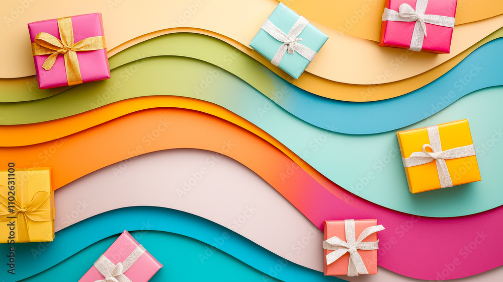 Poster vibrant gift boxes are placed on colorful paper waves, creating a joyful and festive display perfect