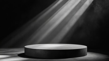 Dark Studio Stage With Circular Pedestal And Light Rays