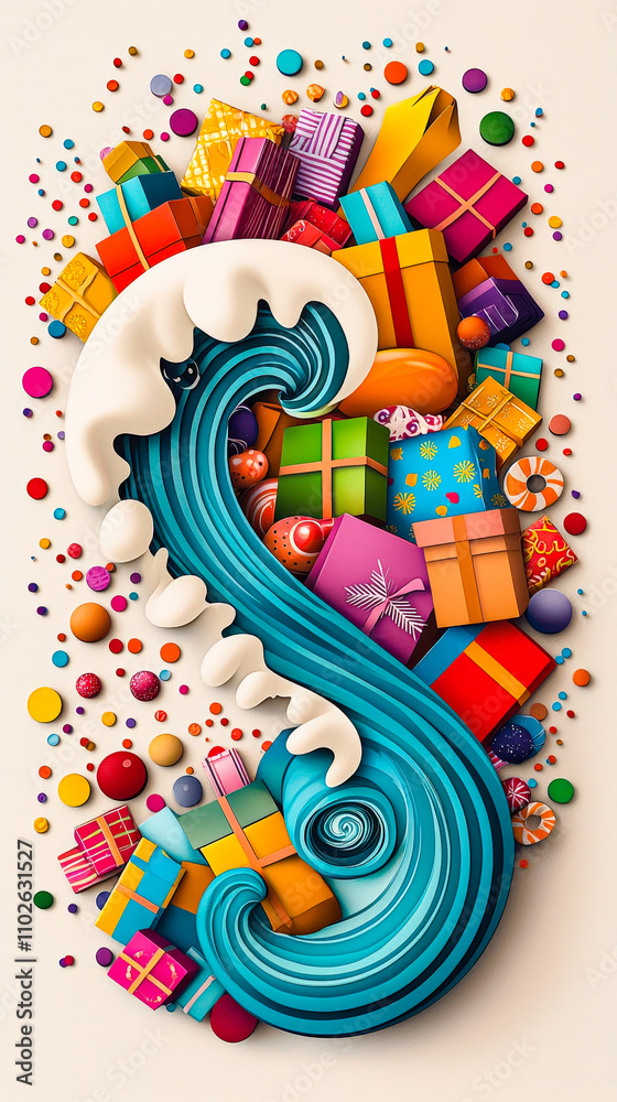 Poster a vibrant wave of turquoise flows around an array of colorful wrapped gifts and playful decorations,