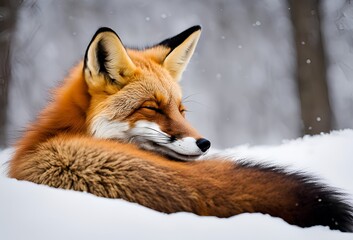 Fototapeta premium red fox resting against snowy white background