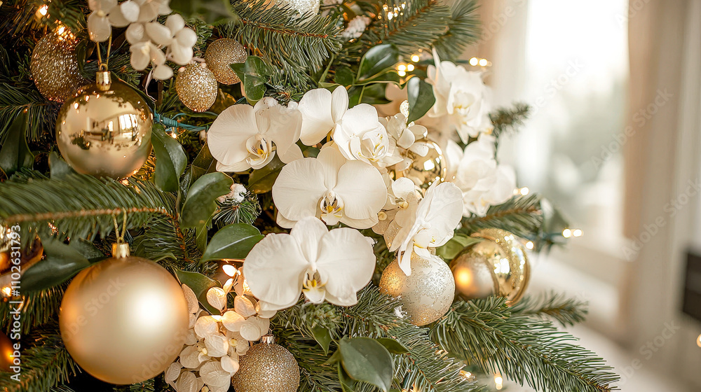 Poster christmas tree decorated with delicate white orchids and shiny golden ornaments, creating a festive 