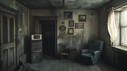 A soot-damaged room, containing aged furniture, a vintage television, and framed photographs.
