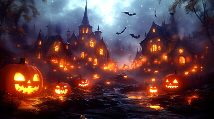 Enchanted Halloween Village Illustration