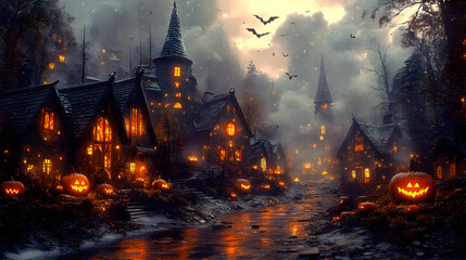 Fototapeta premium Enchanted Halloween Village Digital Painting