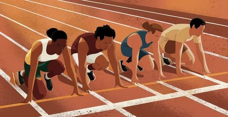Four athletes crouched at the starting line on a running track, capturing the anticipation before a race