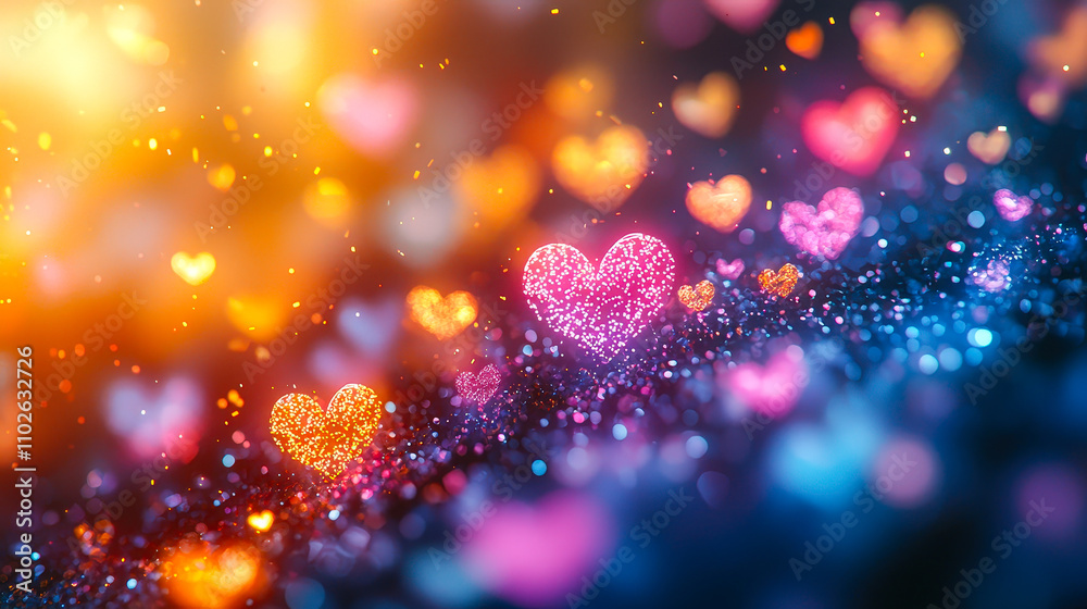 Poster sparkling hearts of various colors fill the background, creating a lively and enchanting atmosphere 