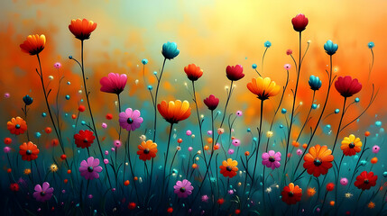 Vibrant Floral Illustration, Colorful Flowers