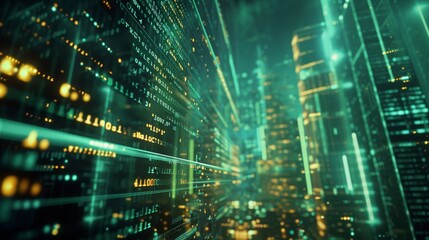 A futuristic cityscape enhanced with digital data flow and glowing light trails, conveying the concept of smart cities, technology integration, and data-driven environments. AI generated.