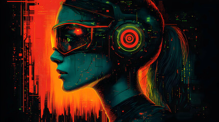 Cyberpunk Woman Illustration, Futuristic Digital Art