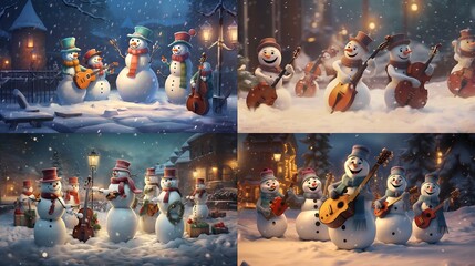 A whimsical snowman orchestra playing festive tunes, filling the winter air with the joyous sounds of Christmas merriment.
