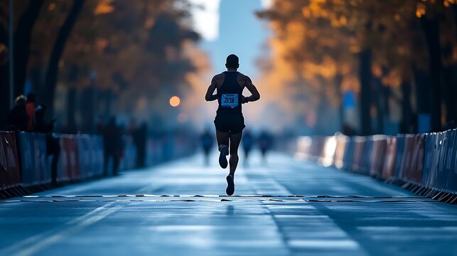 Lone Marathon Runner in Autumnal Setting, Viewed from Behind